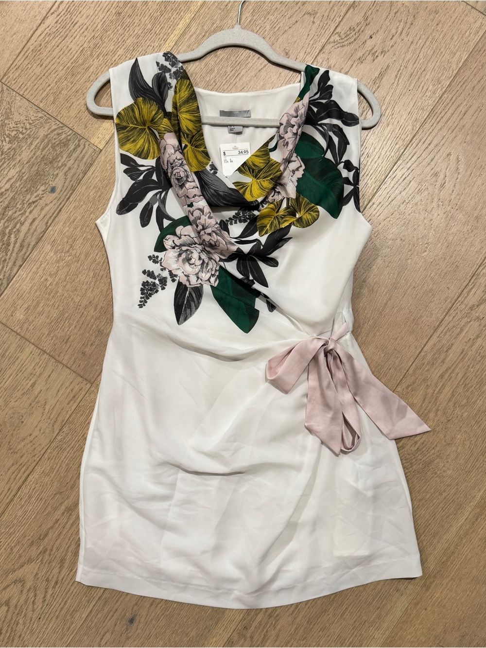 NWT - H&M Floral-Print Mini Dress with Yellow & Green, pink tie - European size